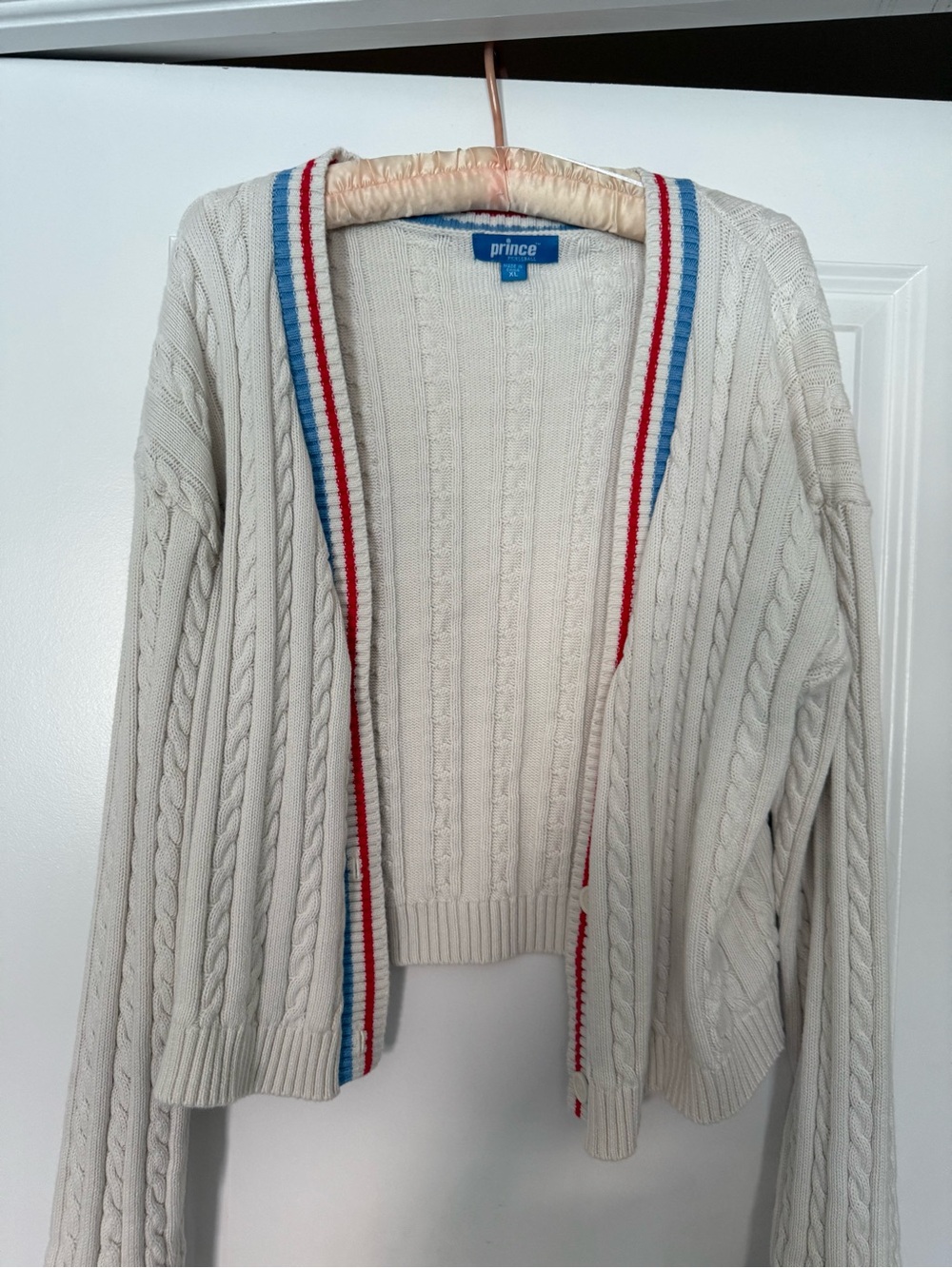 Prince Cream Cable Knit Open Cardigan with Red & Blue Trim